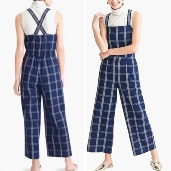 J. Crew Factory Windowpane Denim Crossover Jumpsuit - Picture 1 of 10